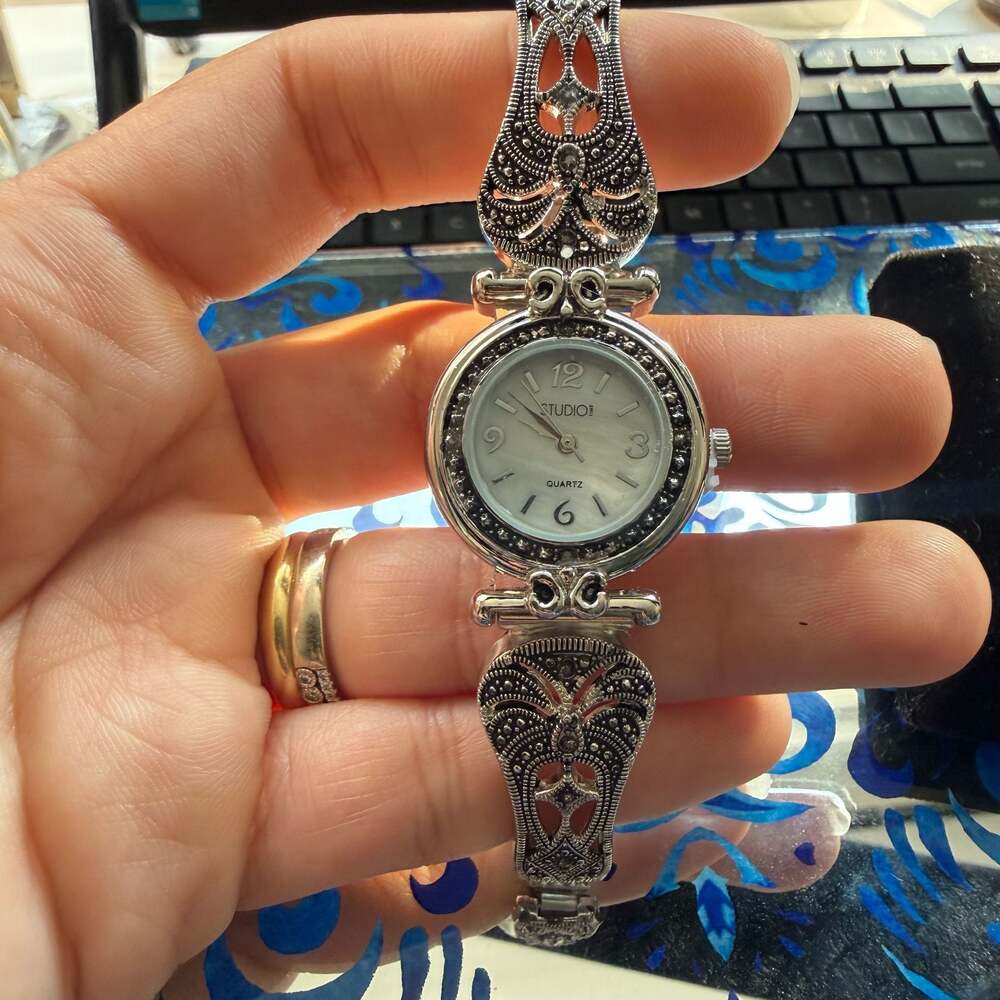 Studio Time Women's Silver-Tone Marcasite Mother of Pearl Dial Quartz Watch